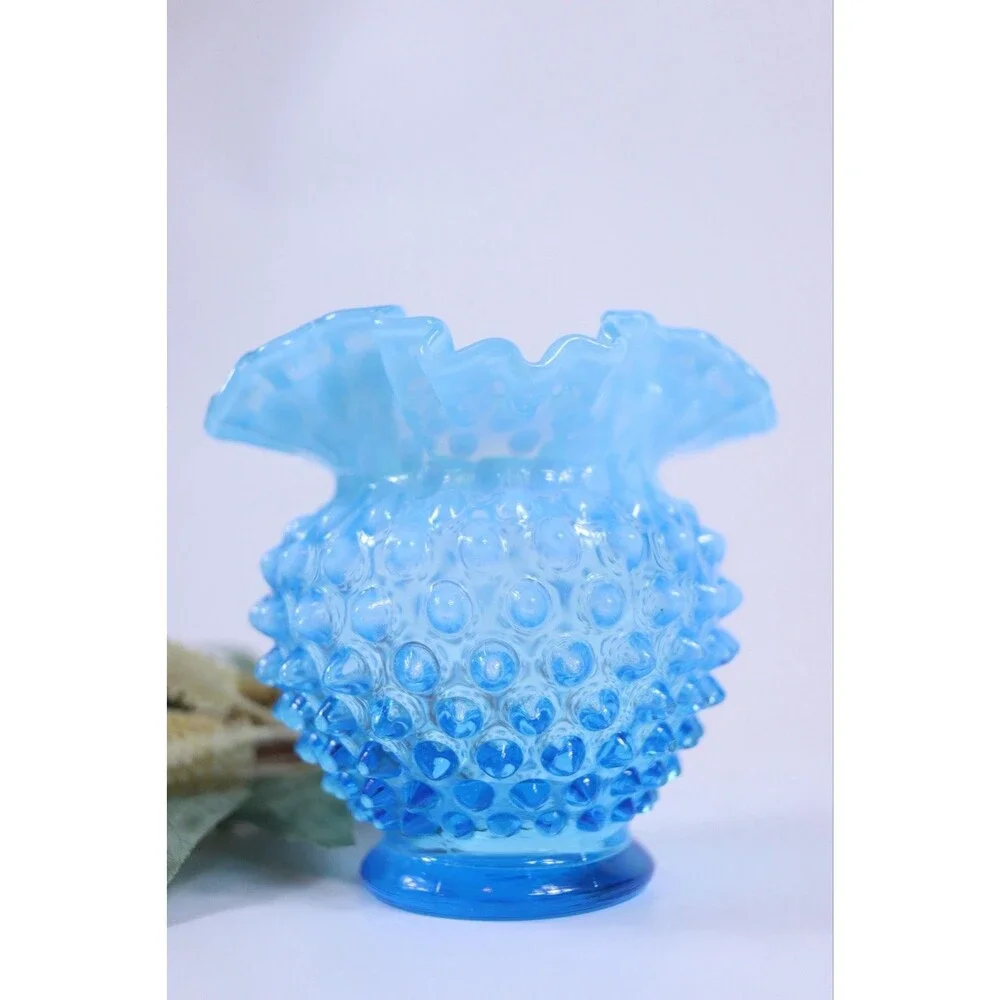 Vintage Fenton Opalescent Hobnail Ruffled Vase Light Turquoise 4.5”